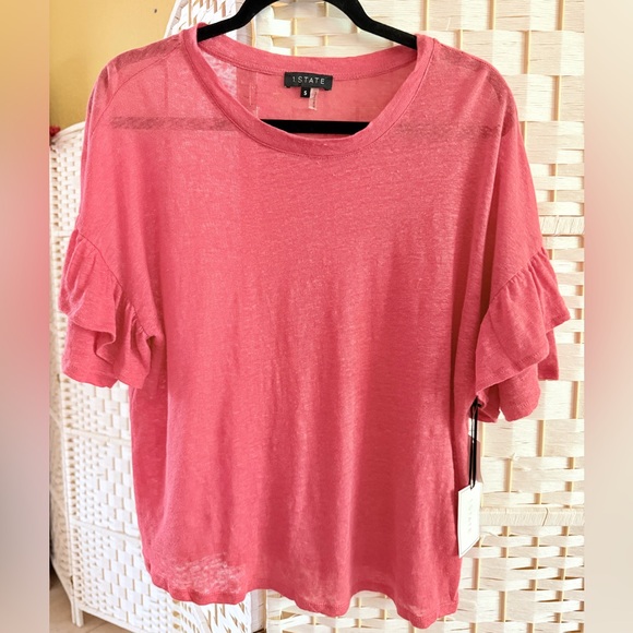 1. State Tops - New 1. State Women's Coral Ruffle Short Sleeve Top 100% Linen Size S